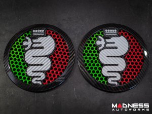 Alfa Romeo 4C Carbon Fiber Speaker Grill Covers - Alfa Logo in Italian Colors